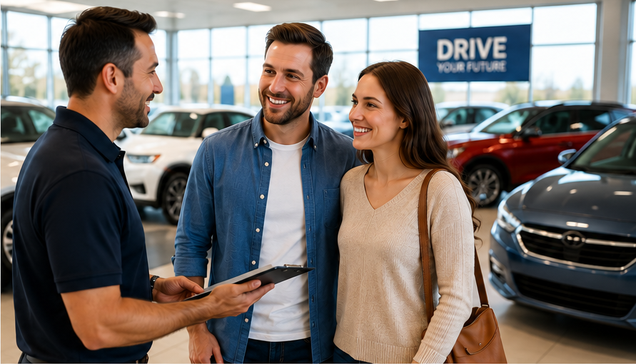 Customers speaking with a participating automobile dealer in a dealership showroom