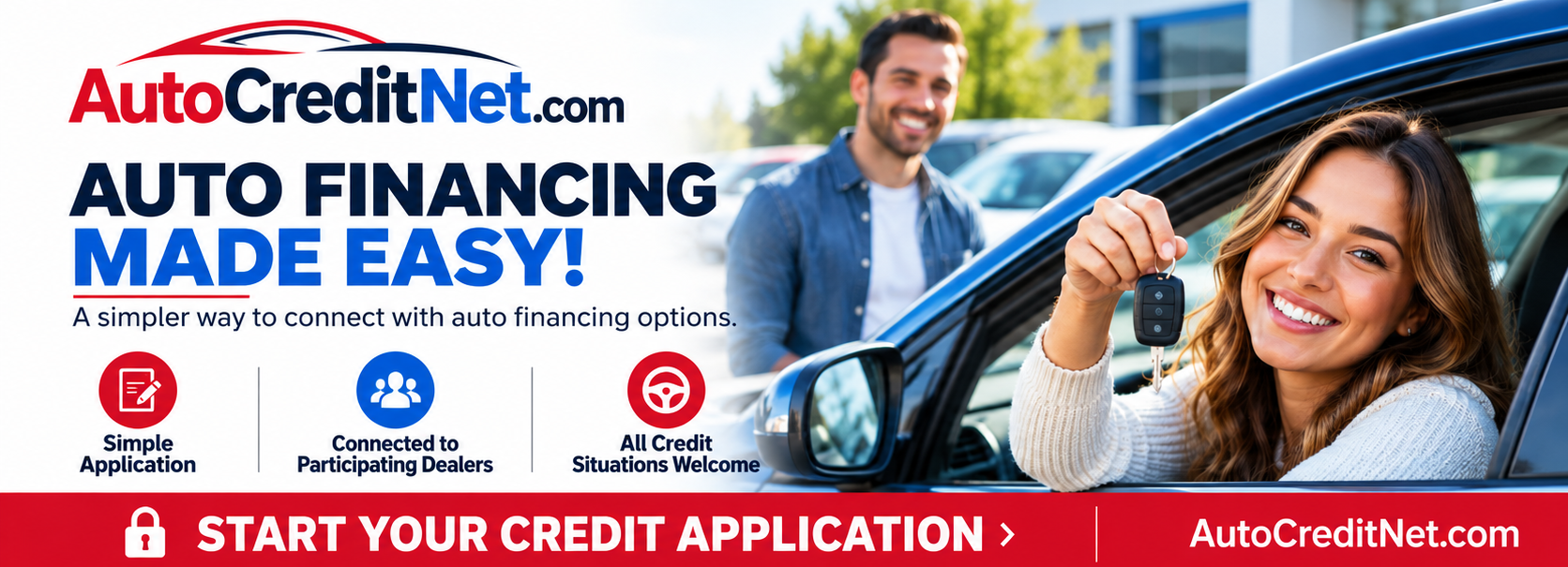 AutoCreditNet.com — Auto Financing Made Easy. Simple application, connected to participating dealers, all credit situations welcome.
